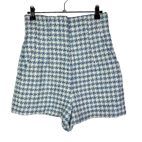 Zara Blue & White Houndstooth Plaid High Rise Tweed Shorts S - Picture 2 of 4